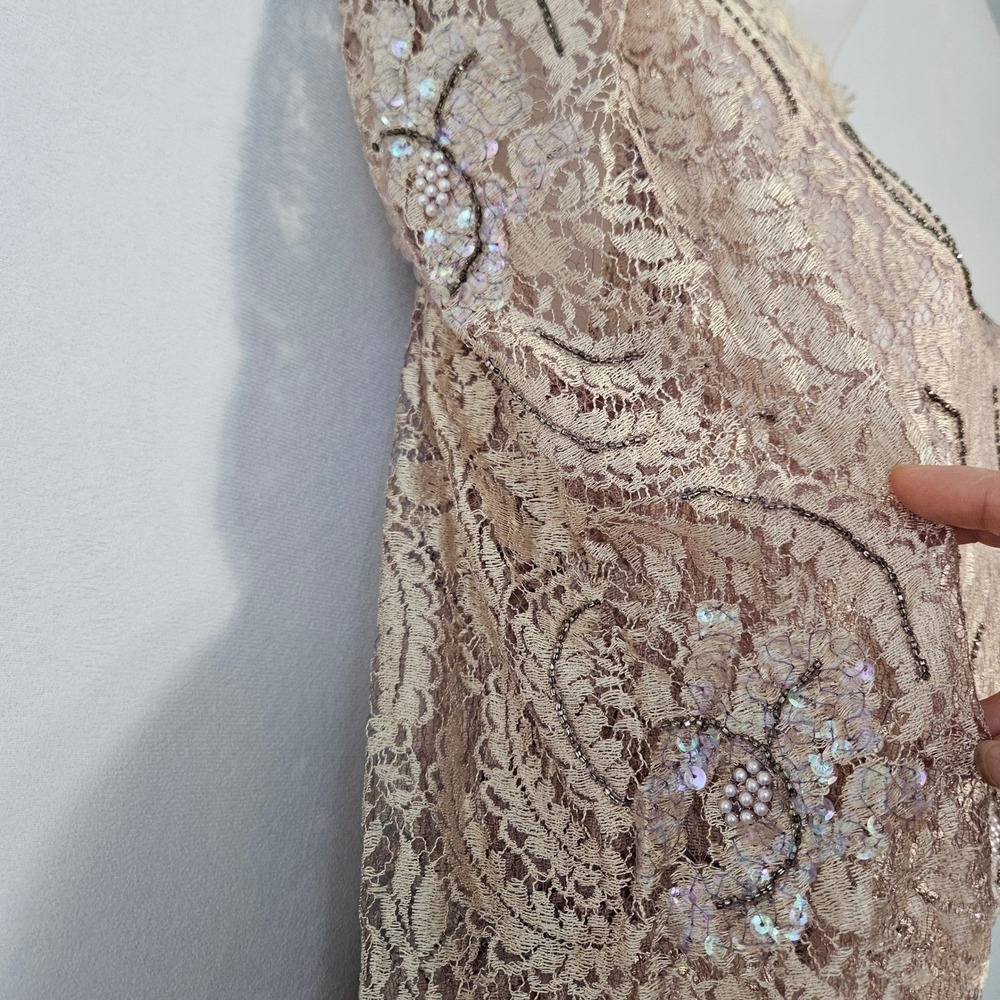 VTG Rina di Montella Lace Midi Dress 10 Champagne Sequin Beaded Cocktail Cottage - Picture 16 of 16
